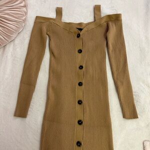 Camel Off-Shoulder Ribbed Dress